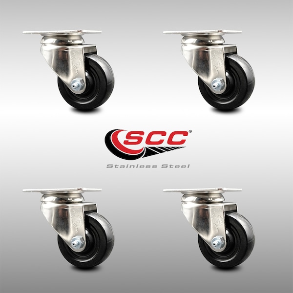 3.5 Inch 316SS Hard Rubber Wheel Swivel Top Plate Caster Set